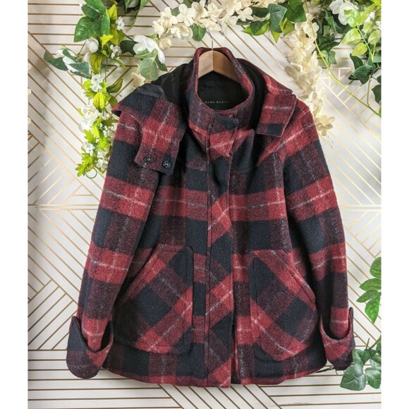 Zara Jackets & Blazers - Zara Basic Plaid Jacket Coat Wool Size Small Blue Red Hooded